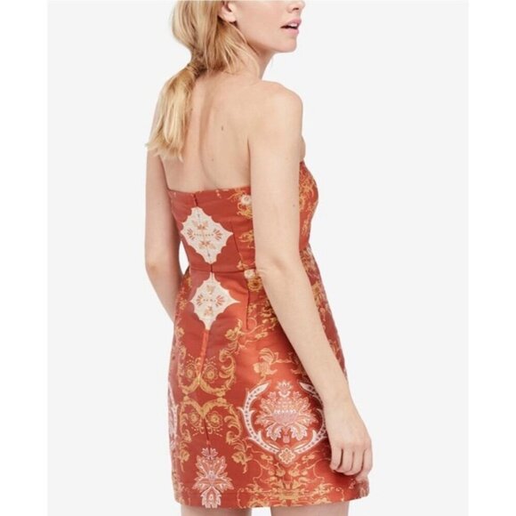 Free People Size 6 Orange-Copper, Gold & Cream Damask Strapless Mini Dress - Picture 13 of 13